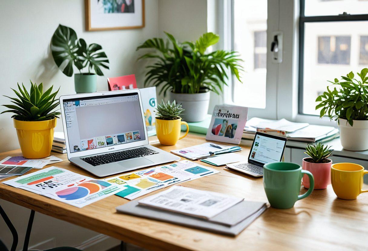 A bright and cheerful workspace featuring a desk with a laptop open to a colorful newsletter design, surrounded by vibrant stationery, plants, and coffee mugs. Include a smiling illustration of a diverse group of people engaging with newsletters on their devices, showcasing connection and positive vibes. Soft pastel colors enhancing a sense of happiness and creativity. vector art. vibrant colors. cheerful atmosphere.