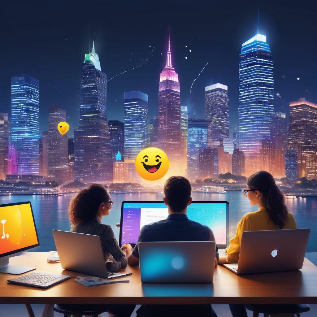 A chaotic yet organized digital workspace filled with colorful emails floating around, each displaying positive content and happy emojis. In the foreground, a diverse team of cheerful marketers collaborates over a glowing laptop, brainstorming ideas with sketches and charts. The backdrop features a vibrant city skyline, symbolizing digital success and growth. A bright, optimistic atmosphere with a focus on teamwork and communication. super-realistic. vibrant colors.