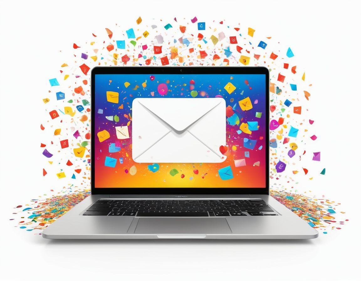 A vibrant, open laptop showcasing a colorful email campaign filled with cheerful graphics and engaging content. Surround the laptop with symbols of joy like smiles, confetti, and hearts, symbolizing engagement and conversion. Include a sunny background with a warm color palette to evoke happiness and positivity. The scene should be inviting and energetic, embodying the essence of joyful communication. super-realistic. vibrant colors. white background.